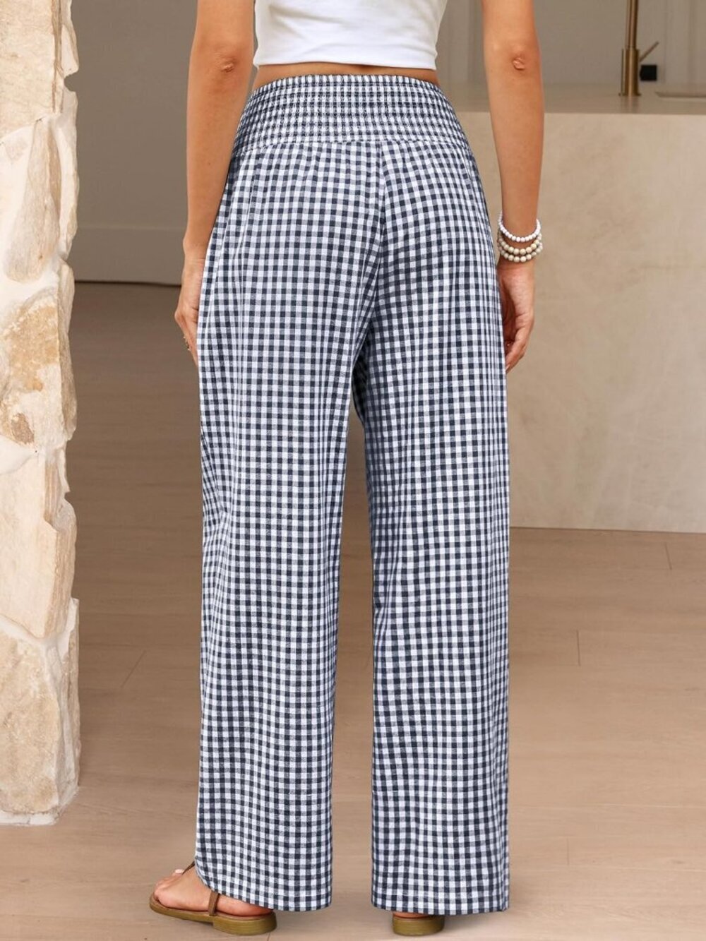 Women's Navy Blue Plaid Striped Casual Wide Leg High Waisted Palazzo Pants - Picture 4 of 6